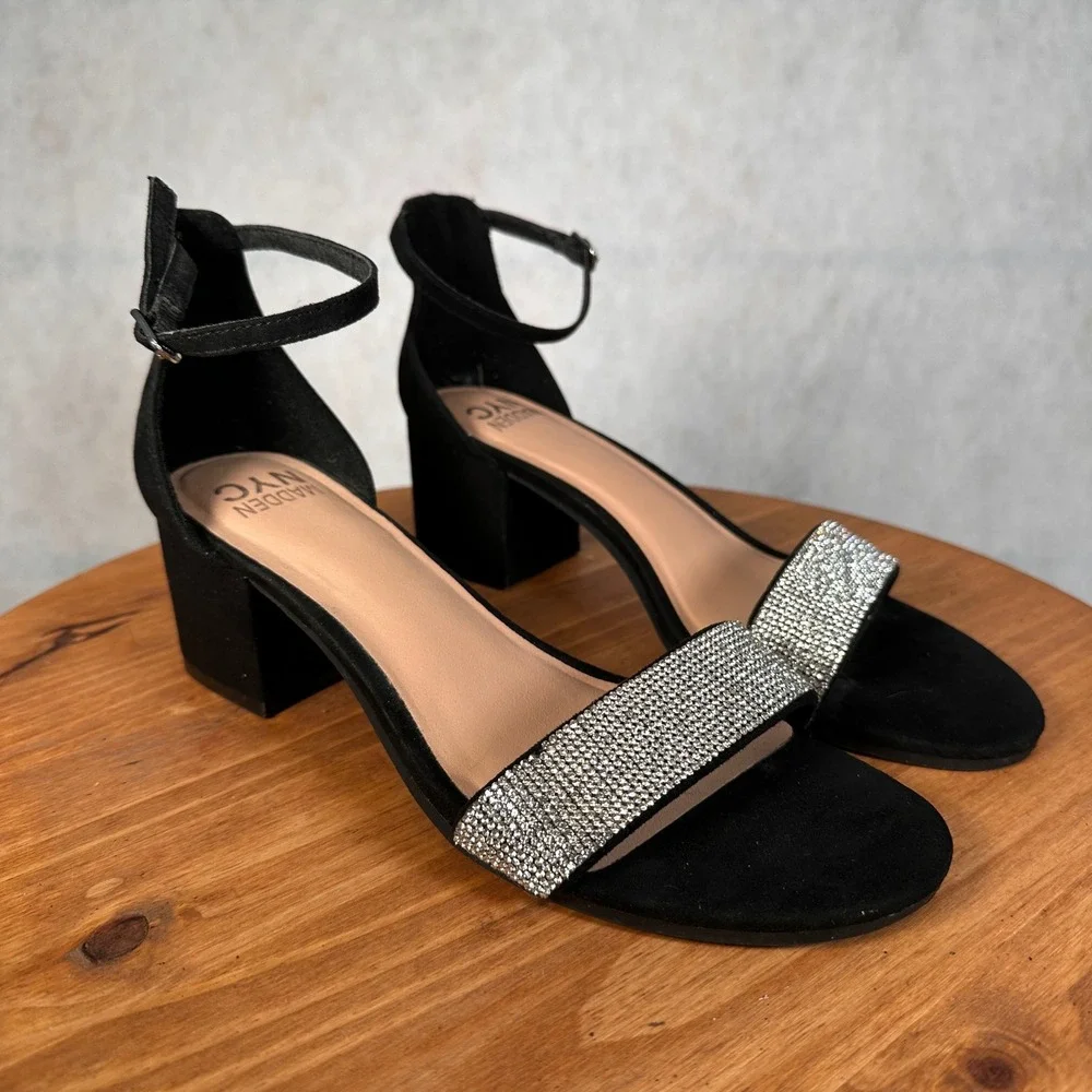 Madden NYC Block Heel Sandals Womens 10 Black Rhinestone Good Strappy Heels